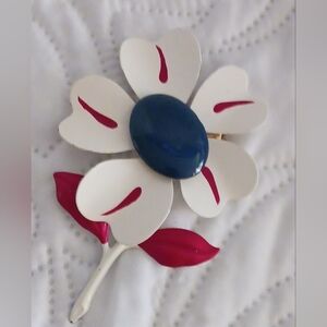 Vintage Enamel Flower Brooch White Blue Red